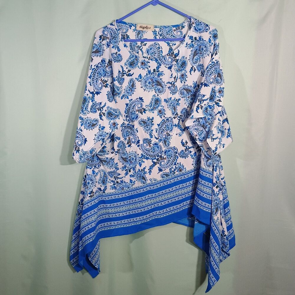 Haptics Women’s Blue & White Paisley Tunic Top – Handkerchief Hem 3/4 Sleeve